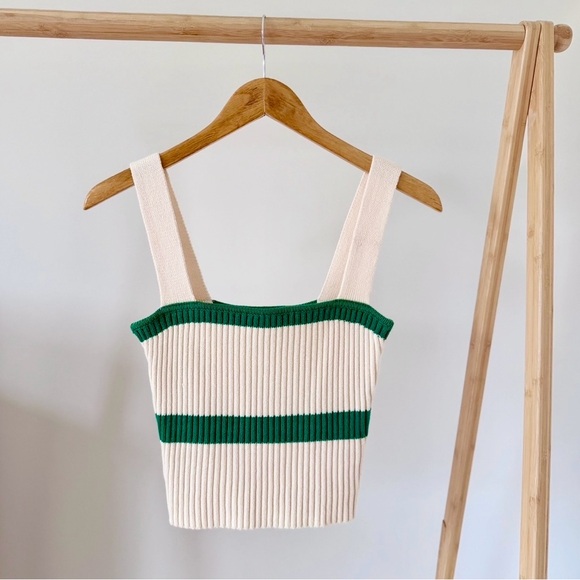Blue Blush Tops - Ribbed Knit Square Neck Striped Tank Top in Cream/Green - S